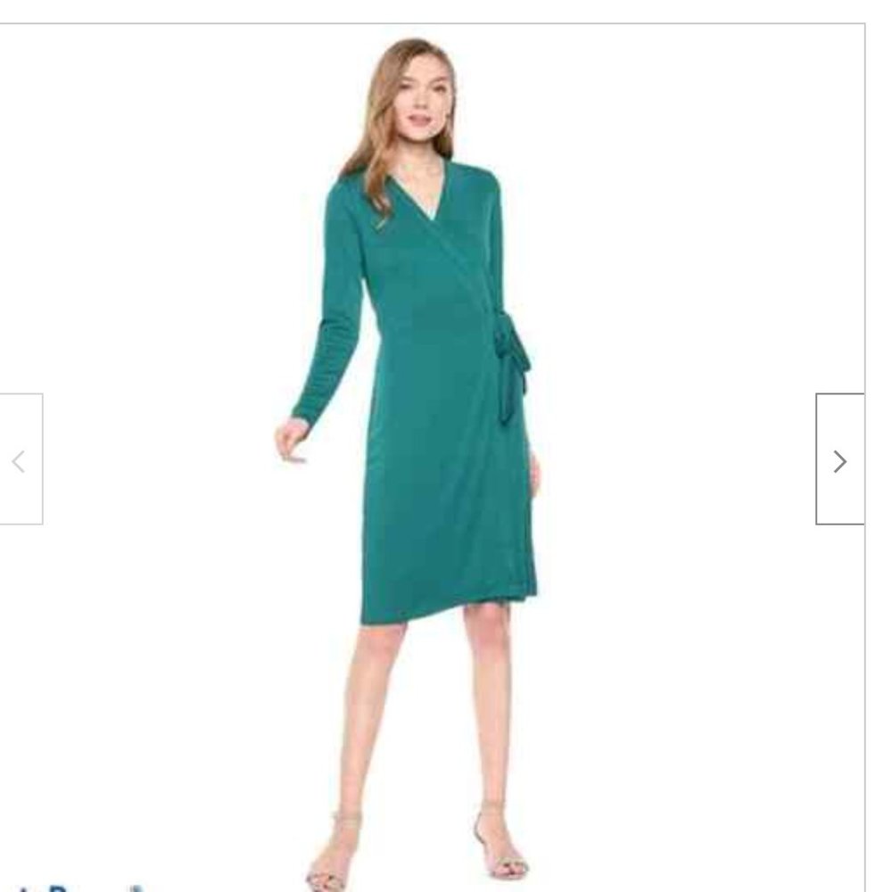 Lark & Ro Green Matte Jersey Long Sleeve Wrap Knee-Length Dress